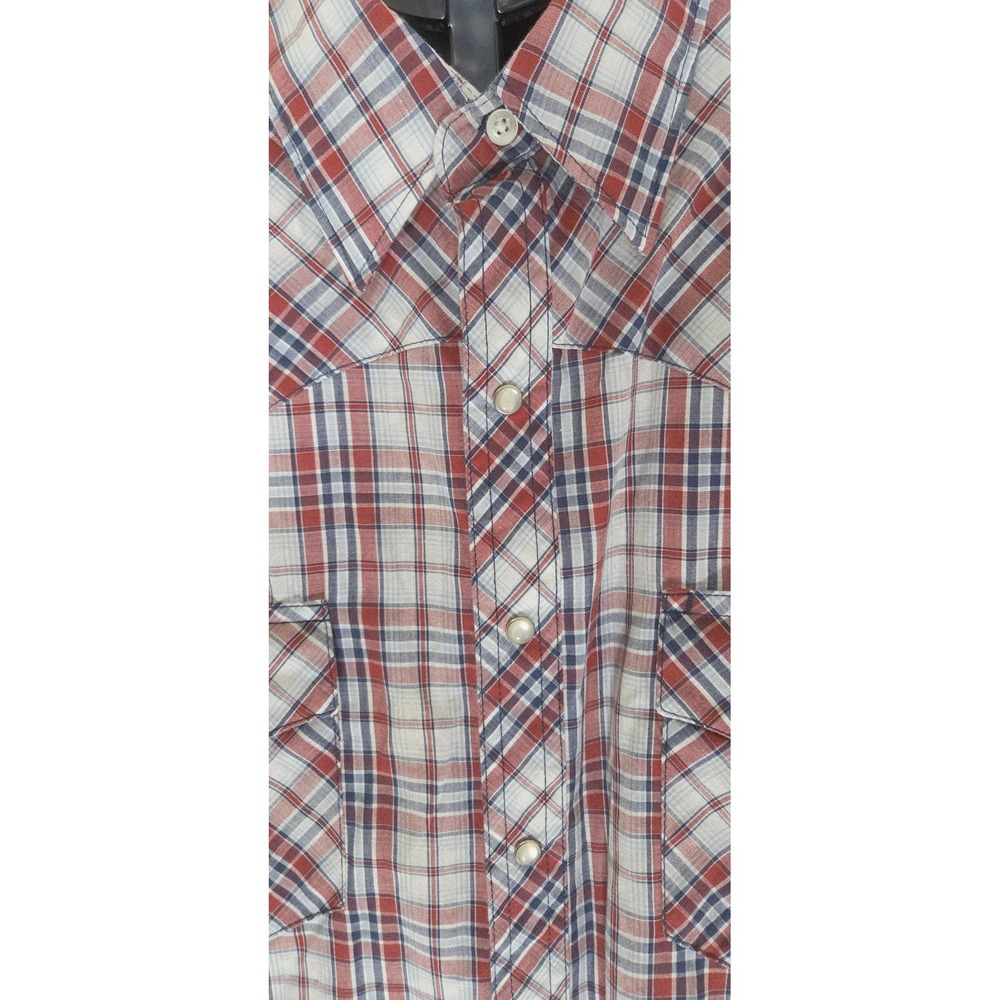 Wrangler Wrancher Mens XL Tall Red Blue Plaid Pearl Snap Western Shirt